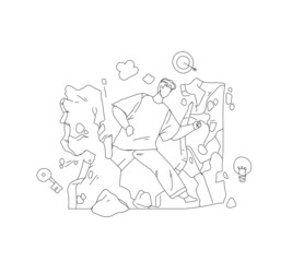  Man making way through stone wall barrier outline vector. Strong guy breaking wall. Strong block obstruction ruined with force and desire to struggle through, problem or obstacle destruction