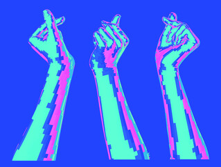 Aufkleber - Set of 3D low-poly hand models made of polygonal wireframe. Collection of futuristic style illustrations.