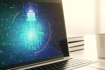 Aufkleber - Creative idea concept with light bulb and microcircuit illustration on modern laptop screen. Neural networks and machine learning concept. 3D Rendering