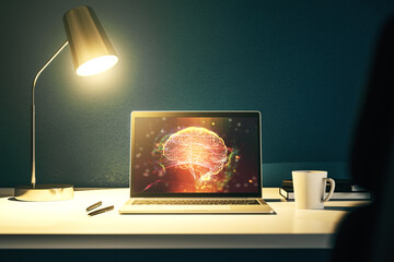 Aufkleber - Creative artificial Intelligence concept with human brain hologram on modern laptop screen. 3D Rendering