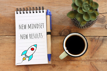 Poster - concept image with new mindset new results text. top view of office table
