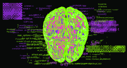 Aufkleber - 3D illustration of a low-poly brain on a glitched and pixelated background. Concept of the artificial intelligence.