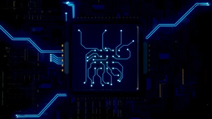 3D Microchip. Visualization of a digital impact or a processor or computer starting, booting and data transmission in board chip. Neon glowing circuit chip, board, microchip. Augmented Virtual Reality