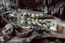 Skulls In 700 Year Old Burial Cave At Lombok Parinding, North Of Rantepao, Lombok Parinding, Toraja, South Sulawesi, Indonesia