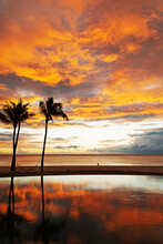 Palm Trees Silhouetted Against Red Clouds Reflect In An Infinity Pool During Sunset Over A Beach At Flic En Flac, Mauritius, Indian Ocean