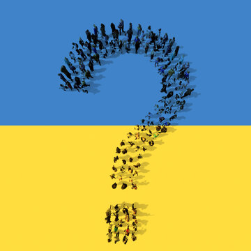 Concept or conceptual community  of people forming the question sign on Ukrainian flag. 3d illustration metaphor for education, school, hope, peace, freedom, help and assitance in the face of war