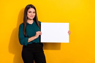 Sticker - Photo of sweet shiny woman wear green shirt rising white empty space isolated yellow color background