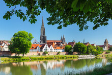 View Over Danube River To Ulm Minster And The Old Town, Ulm, Baden-Wurttemberg, Germany