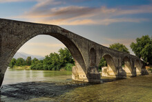 Day View Of Historic Stone Bridge Of Arta Above The Arachthos River, Arta, Epirus Region