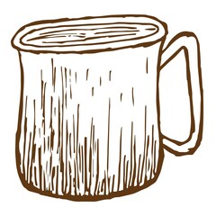 Wall Mural - Vector line drawing of a steel mug. Rough vintage monochrome brown freehand illustration isolated on transparent background
