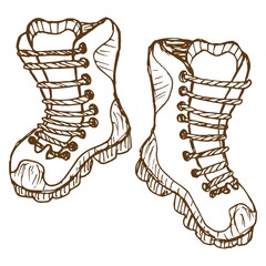 Wall Mural - Vector line drawing of a pair of hiking boots. Rough vintage monochrome brown freehand illustration isolated on transparent background