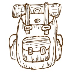 Wall Mural - Vector line drawing of a tourist backpack. Rough vintage monochrome brown freehand illustration isolated on transparent background