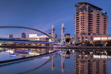 The Lowry Footbridge, Imperial Point Building And Lowry Centre At Night, Salford Quays, Salford, Manchester