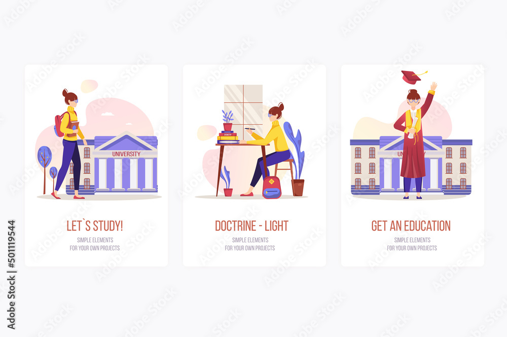 Education concept onboarding screens. Student studying at university ...
