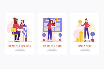 NFT concept onboarding screens. Woman artist creates artwork, uploads her token and profits from sale. Modern UI, UX, GUI user interface kit with people scene for web design. Vector illustration