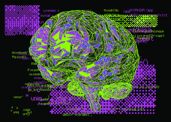 Aufkleber - 3D illustration of a low-poly brain on a glitched and pixelated background. Concept of the artificial intelligence.