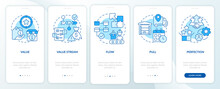 Lean Manufacturing Key Principles Blue Onboarding Mobile App Screen. Walkthrough 5 Steps Graphic Instructions Pages With Linear Concepts. UI, UX, GUI Template. Myriad Pro-Bold, Regular Fonts Used
