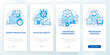 Lean production principles blue onboarding mobile app screen. Walkthrough 4 steps graphic instructions pages with linear concepts. UI, UX, GUI template. Myriad Pro-Bold, Regular fonts used