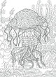 Adult coloring book page. Jellyfish and underwater background.