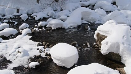 Wall Mural - Fast mountain river covered with ice and snow close-up. Russia, Siberia, Altai. 4K video 