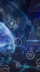 Wall Mural - Animation of network of connections, icons and data processing over globe