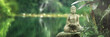 buddha statue on a rock lakeside, natural spa background with asian spirit, tranquility in green nature, decoration banner concept with copy space