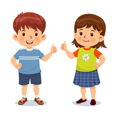 Wall Mural - Little boy and girl give thumbs up with a happy look. Vector illustration isolated on white background.