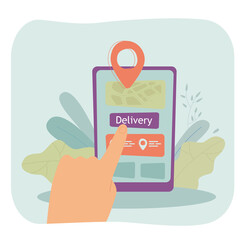 Poster - Person choosing delivery address on map on phone. Pin point on smartphone screen flat vector illustration. Location, navigation concept for banner, website design or landing web page