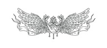 Vector Vintage Vignette Of Angel Bird Wings With Flowers And Ribbon, Heraldic Decorative Element In Antique Style As Black Outline Illustration Isolated On White