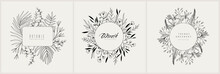 Set Of Floral Decoration Wreath And Round Labels. Branch And Minimalist Flowers. Hand Drawn Line Wedding Herb, Elegant Leaves For Invitation Save The Date Card. Botanical Rustic Trendy