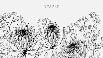 Luxury botanical background with trendy wildflowers and minimalist flowers for wall decoration or wedding. Hand drawn line herb, elegant leaves for invitation save the date card. Botanical rustic