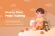 Cartoon baby sitting on a potty with toilet paper in hand and a teddy bear. Concept potty training. Website banner.