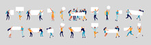 Business People Moving, Dancing And Holding Blank Banner And Stand. People Taking Part In Parade Or Rally. Male And Female Protesters Or Activists. Modern Vector Illustration Flat Concepts