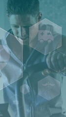 Wall Mural - animation of network of icons over caucasian man exercising in gym