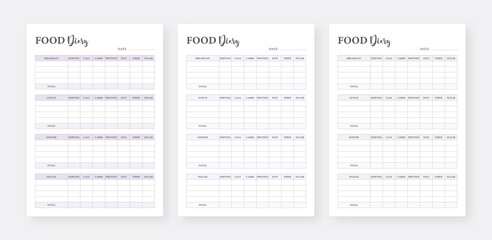 Wall Mural - Food Diary Planner Template Set. Minimalist Planner Pages Templates Set. Daily Food Journal Planner Template. Meal Planner Template Set.