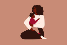 African American Mother Holds Her Toddler Daughter With Love And Care. Black Woman Sits With Her Child On Her Hands. Happy Mother's Day Concept. Vector Illustration.
