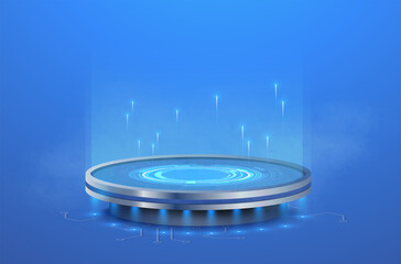 Poster - Neon futuristic metal science podium, product presentation platform.  Pedestal in 3d futuristic cyberpunk style. Background for industry scene display and sale. Vector illustration