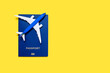 Biometric passport of a citizen with an airplane on a yellow background. International pass with personal information. Biometric passport for international flights and travel. Free space for text