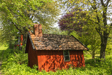 Old Idyllic Leaning Red Wooden Shed In A Garden