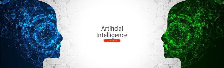 Poster - Artificial Intelligence. Technical background with a silhouette of a man. Big data concept. Machine cyber mind.