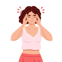 Woman Suffering From Tension Headache, Pain, Stress, Hangover, Discomfort Touching Her Temples. Stressed Tired Overworked Woman. Flat Vector Character. Vector Hand-drawn Illustration