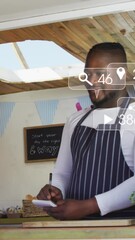 Wall Mural - animation of social media icons and numbers over african american man and woman in food truck