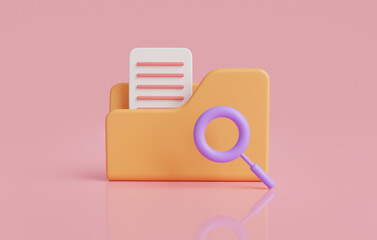 Leinwandbilder - Magnifying glass and yellow folder with files document.concept of document search.Data and information sign, searching info, data storage, computer folder.3D rendering illustration on pink background