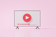 © N ON NE ON - 3D render tv modern playing on pink pastel background, Cartoon minimal style, wireless media connection , internet online channel, video, banner ,copy space, illustration