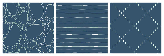 Modern masculine seamless pattern set. Abstract green shapes with light gradient on navy background. Vector graphic design for gift wrapping or product packaging. 