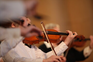 Wall Mural - Violinist playing a musical instrument background image of a violin in an orchestra