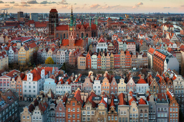 Wall Mural - Aerial view of the beautiful Gdansk city at sunset, Poland