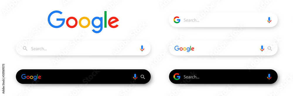 Google search bar collection. Searching Google. Suggestion interface set. Google search bar template with shadow on white background - stock vector editorial.