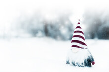 Merry Christmas, Little And Cute Dwarf With Hat Standing On The Snow,useful For Postcard, Poster