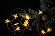 Christmas background with lights and a Christmas tree branch. Christmas lights from a garland on a black background.